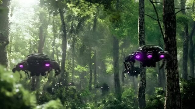 The drone robot buzzed through the forest, capturing stunning aerial footage and monitoring wildlife activity below.