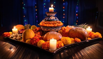 A floating candlelit altar adorned with pan de muerto, fruits, and marigolds &mdash; a warm, spiritual tribute honoring D&iacute;a de los Muertos traditions.
