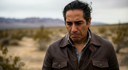 Hispanic adult male in desert landscape with pensive expression