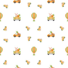 Obraz premium Watercolor cute rabbit and carrot on car and hot air balloon seamless pattern.