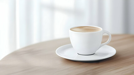 White Coffee Cup On Saucer Placed On A Wooden Table With Natural Lighting