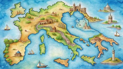 Detailed drawing of an Italian map with iconic landmarks and geographical features, travel