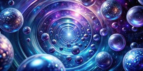 Cosmic vortex swirls in a mesmerizing dance of blues and purples, set against a backdrop of gleaming metallic spheres, suspended in the depths of space , infinite, render
