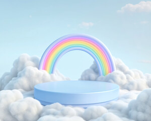 a round platform on clouds with a rainbow in the sky background.