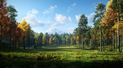 Obraz premium Autumn Forest Landscape With Colorful Trees And Meadow