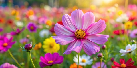 Large Cosmos flower blossom in a garden with multiple blooming flowers surrounding it, surrounded by lush greenery and vibrant colors , botanical, foliage