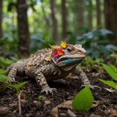 Fototapeta premium Flowing Elegance: The Sri Lankan Horned Lizard in a Garden of Color