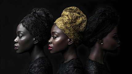 Three Black Women In Profile With Headwear, Studio Portrait