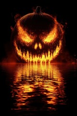 Fototapeta premium Fiery pumpkin face reflected in water