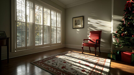 Festive Christmas Room Interior With Decorated Tree And Red Chair Sunlight Shining Through Window Creating Shadows On Floor