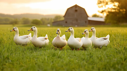 Group Of Ducks In A Field At Sunset Near A Barn