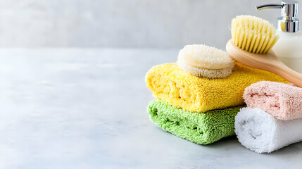 Colorful Towels And Spa Products On A Light Gray Countertop