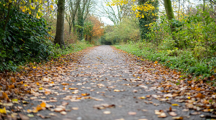 Autumnal Path Lined With Trees And Fallen Leaves Under Sunlight Creating Peaceful Woodland Scene