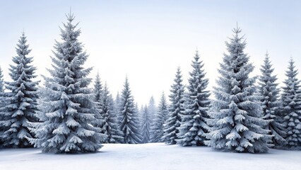 Fototapeta premium Frosty Fir Trees against a White Background during Winter, trees, evergreen, trees, evergreen
