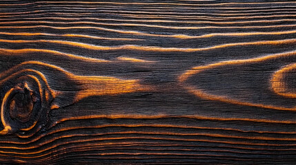 Fototapeta premium Textured Close Up Of Black And Yellow Burnt Wooden Grain Surface With Knots Showing Rustic Natural Pattern Background
