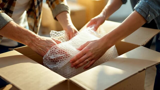 New Beginnings: A close-up shot of a cardboard box with items being carefully packed.