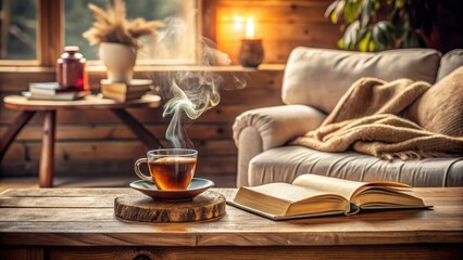 Cozy afternoon in the living room with a still life book and steaming cup of tea on a rustic wooden side table, book, cozy,  book