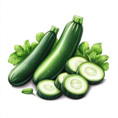 Fresh and Vibrant Cucumbers with Bright Green Leaves and Sliced Pieces for Culinary Use and Healthy Living