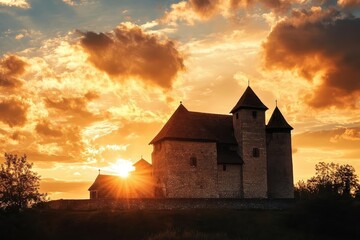 ancient european castle silhouetted against a golden sunset sky dramatic clouds stone towers medieval architecture mystical atmosphere