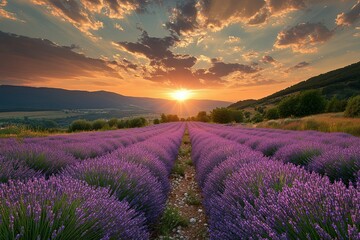 Obraz premium A picturesque lavender field with a beautiful sunset scene