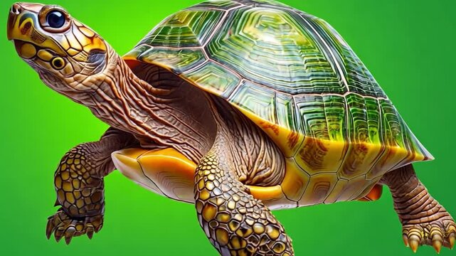 Tortoise on the Move: A close-up perspective of a tortoise in motion, highlighting its unique shell and textures set against a bold, vibrant green backdrop.
