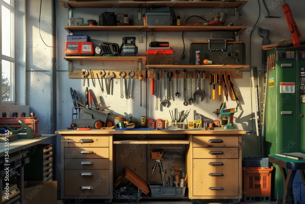 Aufkleber Workstation equipped with tools and materials for construction and repairs in a well-organized workshop environment Generative AI