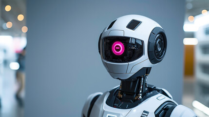 Fototapeta premium Humanoid AI Robot with Pink Surveillance Eye