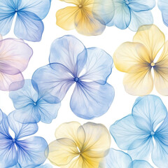 A seamless pattern of watercolor pastel blue, lilac, and yellow hydrangea flowers with transparent petals on a white background.