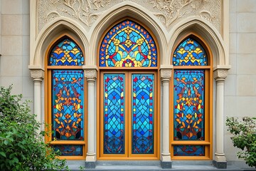 Fototapeta premium Ornate stained glass windows adorn an arched architectural building facade