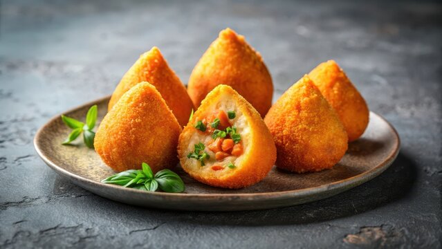 Coxinhas de frango em fundo cinza, street food, savory dish