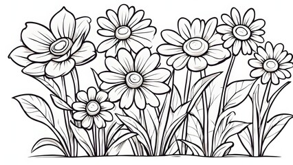 A detailed line drawing showcases a cluster various flowers, including daisies anemones, set against a backdrop lush foliage.