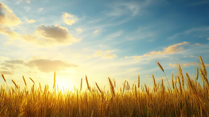 Golden Wheat Field Under Blue Sky During Sunset Sunlight Illuminates The Scene