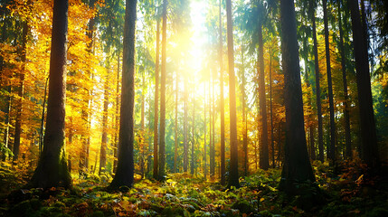 Sunlit Forest Canopy With Golden Autumn Foliage In Vibrant Colors and Light Rays Through Trees