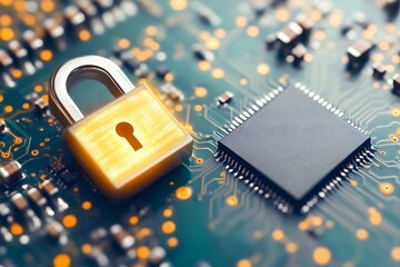 Cyber Security: Padlock on Circuit Board. (2)