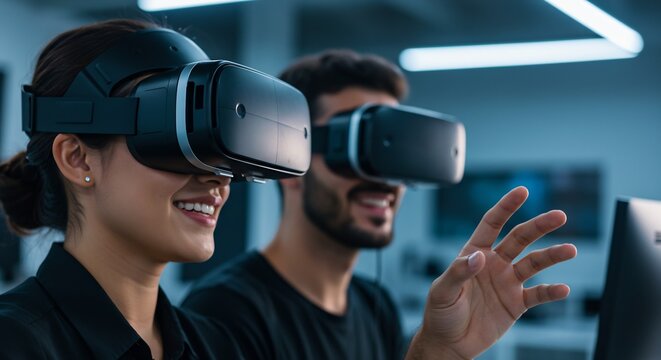 Immersive Virtual Reality Experience: Two Young Professionals Collaborate in a Modern Tech Office Using VR Headsets for Innovative Design and Development