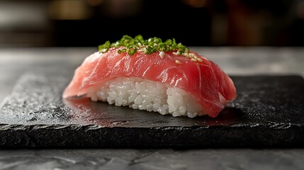 Delicious Tuna Sushi Nigiri on Black Slate