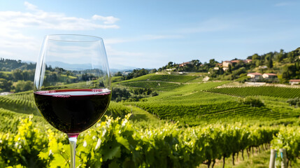 Red Wine Glass Against Vineyard Landscape