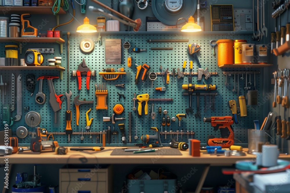 Aufkleber detailed workstation filled with tools and supplies suitable for hardware stores and workshops gener