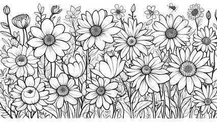 A detailed black white illustration showcases a vibrant array daisies other flowers full bloom, creating a lush floral scene.