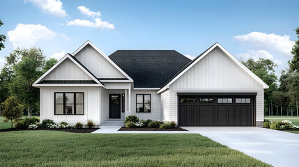 Modern Farmhouse Exterior Design With Black Garage Door