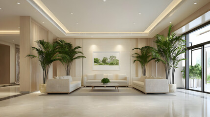 Bright Lobby Interior With Plants Sofas Marble Floor and Artwork in a Modern Setting