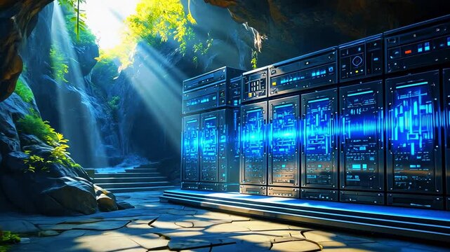 Futuristic data center in a lush cave with sunlight filtering through, showcasing advanced technology