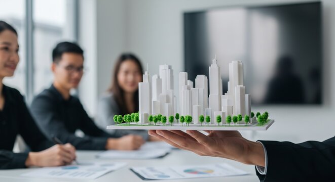 Architectural Model Presentation: Diverse Team of Professionals Discussing Sustainable Urban Development and Green City Planning in Modern Office Setting