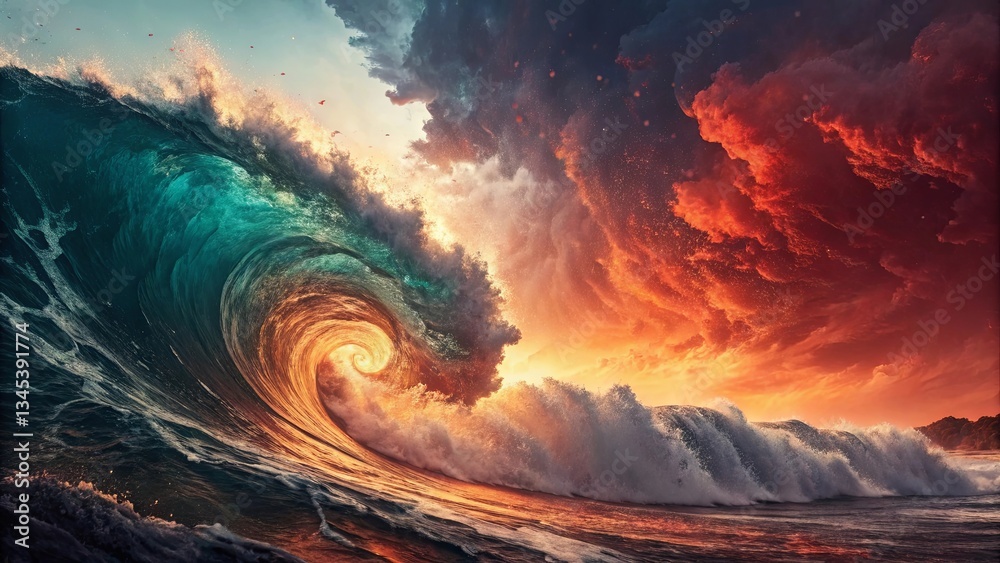 Poster a wave is crashing into the ocean with a red and orange sky in the background