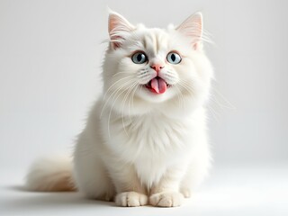 White ragdoll cat sticking out tongue, close-up portrait, studio shot on white background