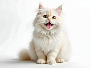 White ragdoll cat sticking out tongue, close-up portrait, studio shot on white background