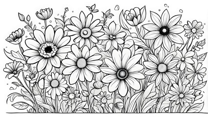 A detailed black white illustration showcases a lush arrangement various flowers, primarily daisies, intricately drawn fine lines.