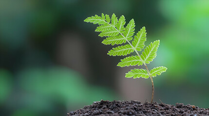 Close Up Of Single Fern Sprout Growing From Dark Soil With Green Blurred Background