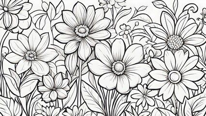 A detailed black white illustration a lush floral bouquet, featuring various flowers leaves an intricate line art style.