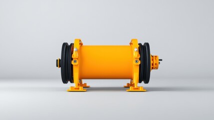Bright Yellow Industrial Roller with Dual Black Pulleys on Gray Background for Engineering and Manufacturing Use